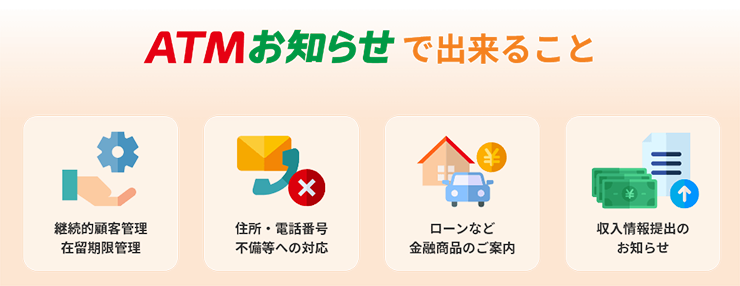 ATMお知らせで出来ること 継続的顧客管理 在留期限管理 住所・電話番号 不備等への対応 ローンなど金融商品のご案内 収入情報提出のお知らせ
