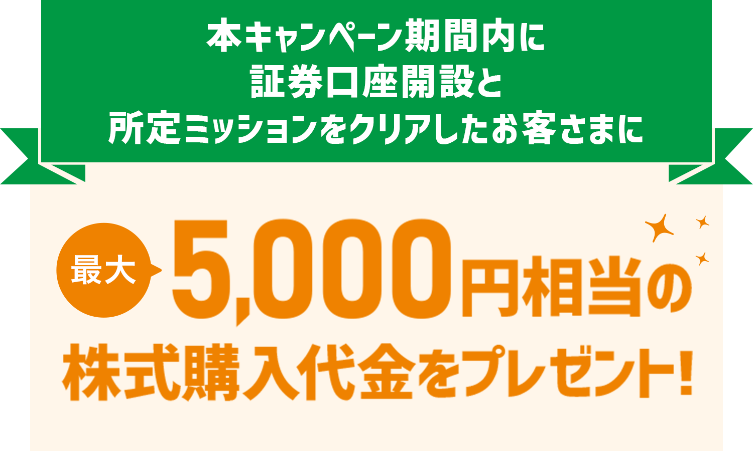 本キャンペーン期間内に証券口座開設と所定ミッションをクリアしたお客さまに最大5,000円相当の株式購入代金をプレゼント！